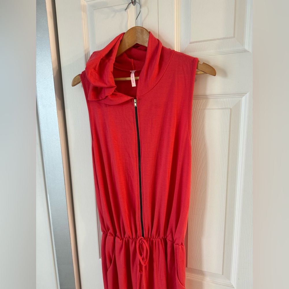 Orange coral color romper Jumpsuit with hood, short sleeves, ripped knees